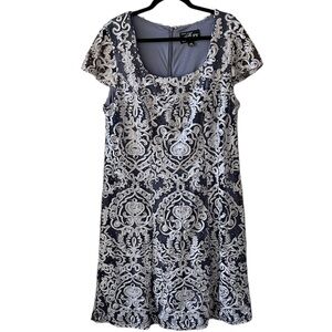 Alex Evenings 14W Lace Blue Gray Beaded Square Neck Midi Dress Special Ocassion